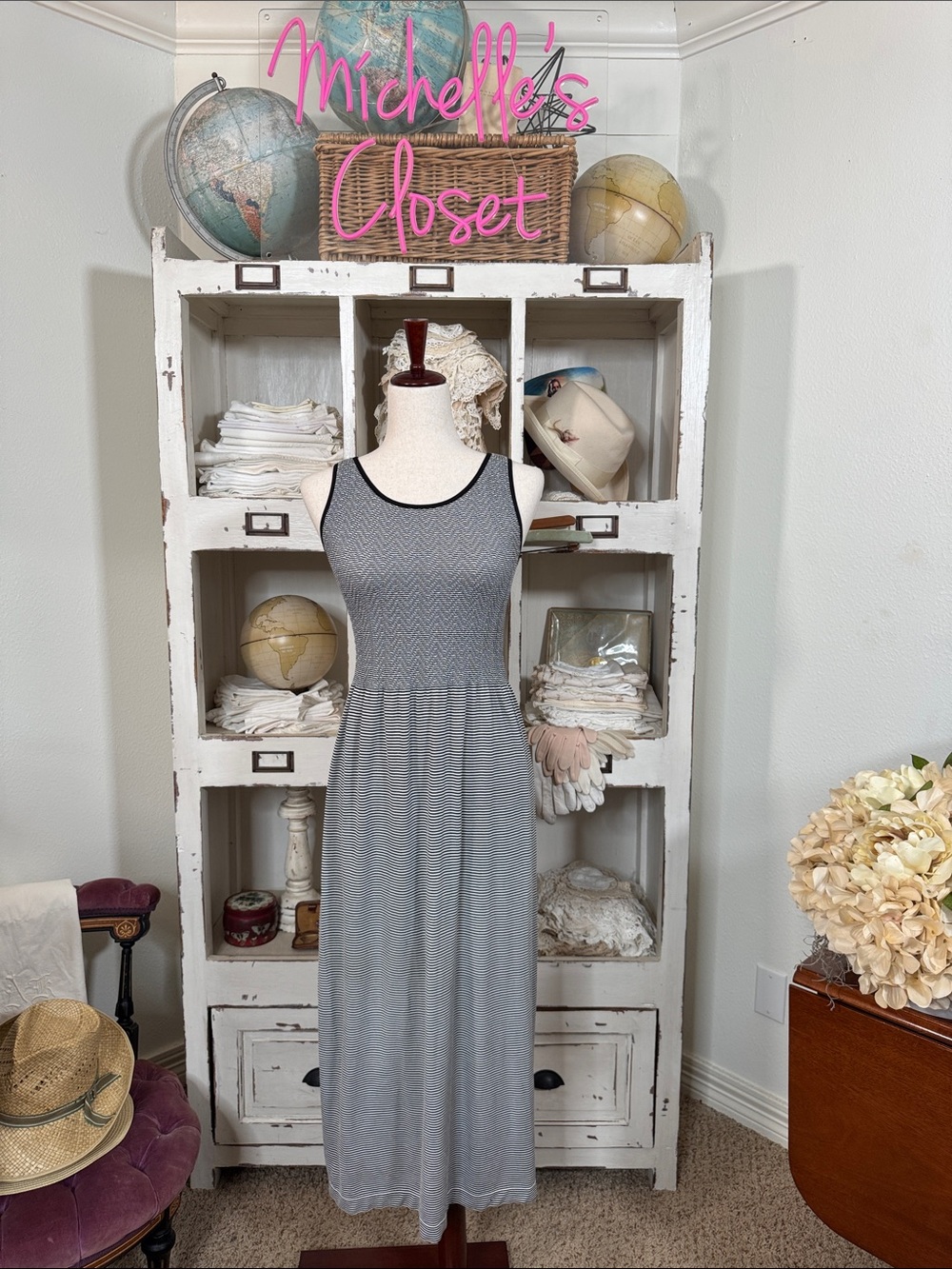 Gray Chevron Midi Dress with Black Trim